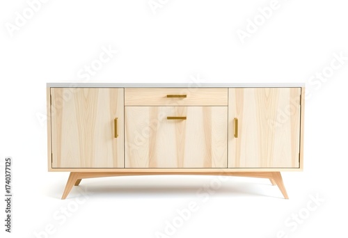 Wallpaper Mural A stylish wooden sideboard with doors and drawers stands on angled legs in a clean environment. Torontodigital.ca