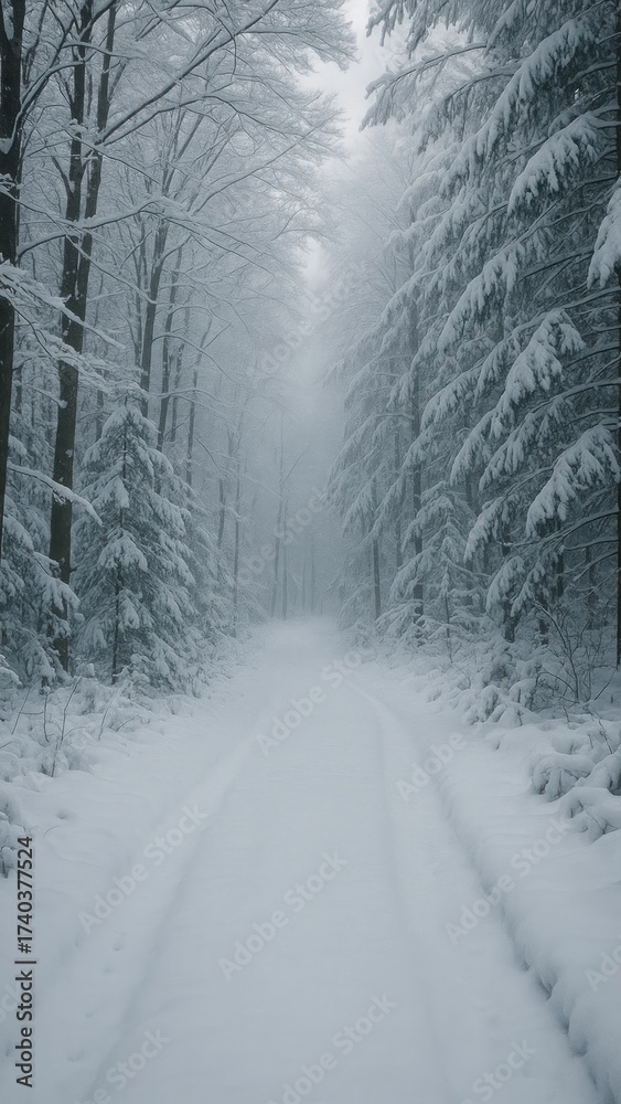 Obraz premium Serene snowy forest path mobile wallpaper