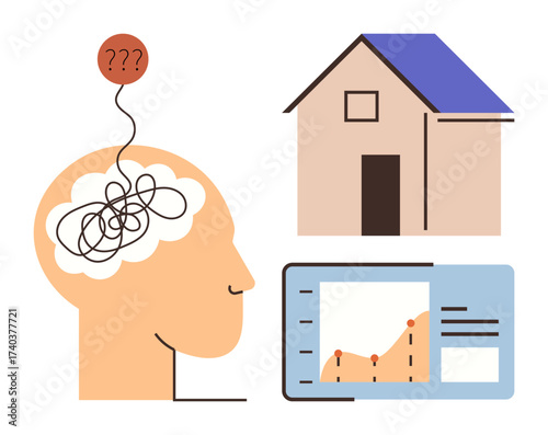 Human head with tangled thoughts, a question mark, a house, and a data chart. Ideal for decision-making, analysis, mental focus, confusion, problem-solving home studies and life balance concepts