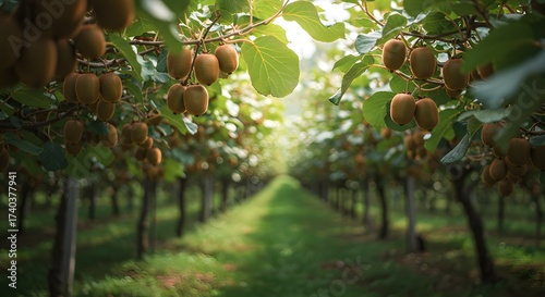 Kiwi Fruit Orchard: Rows of Ripening Kiwis on the Vine