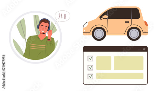 Customer support agent with headset, car illustration, and checklist concept. Ideal for car rental, service booking, efficient communication, customer care, online platforms, automotive assistance
