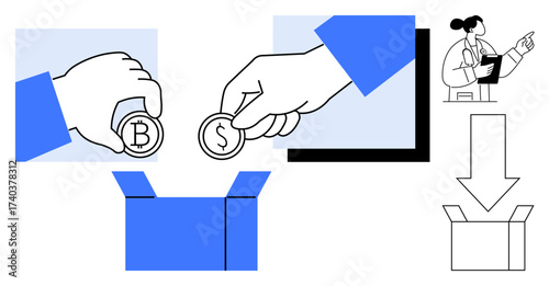 Hands placing Bitcoin and dollar coins into a box, observed by a professional. Ideal for finance, crowdfunding, charity, blockchain, saving, donation investment. Clean simple flat metaphor
