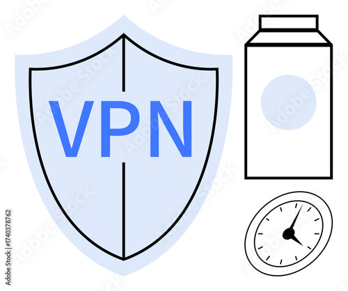 Blue shield with VPN text, milk carton, and clock symbolizing digital privacy, everyday routines, and secure connections. Ideal for technology, privacy, security, time workflow routines simple
