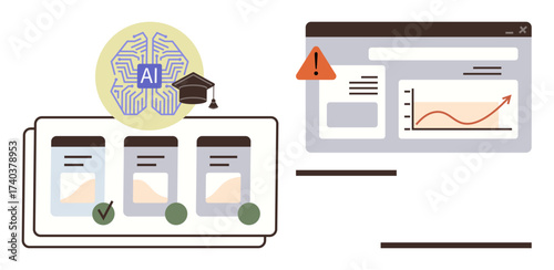 Diagram of AI brain, graduation cap, task lists with checkmarks, and alert dashboard. Ideal for automation, productivity, AI education, problem-solving, analytics learning systems simple flat
