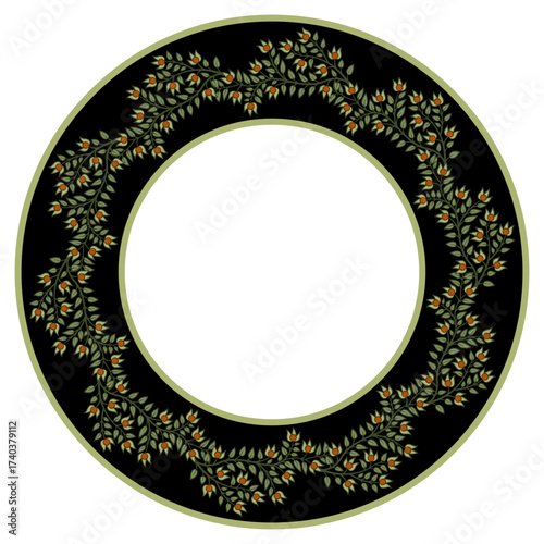 Circular border with floral motifs. Round frame with blooming branches. Folk style.