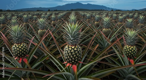 Pineapple Plantation Field at Dusk, Tropical Fruit Harvest