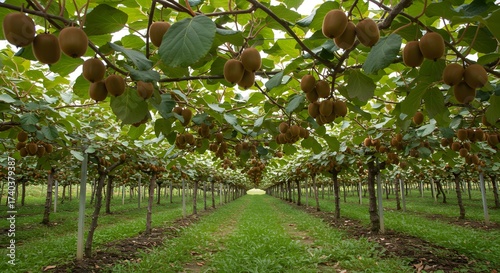 Kiwi Fruit Orchard: Rows of Fruit-Laden Vines