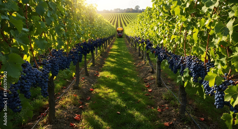 Fototapeta premium Vineyard Landscape with Ripe Grapes and Harvesting Machine
