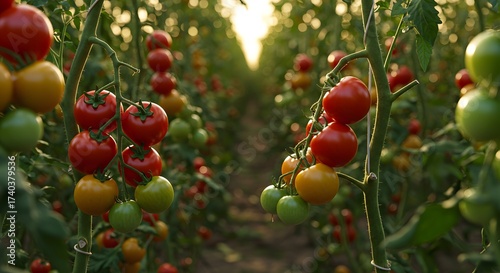 Ripe Tomatoes Growing in Greenhouse, Agriculture Farming