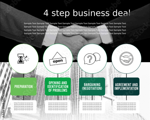 Modern infographic about 4 step business deal information, 
template for business report presentation.
