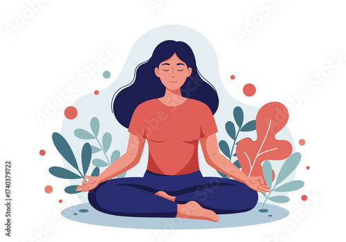 Woman sitting with a flower illustration in the background, good mental health yoga lifestyle and selfcare vector