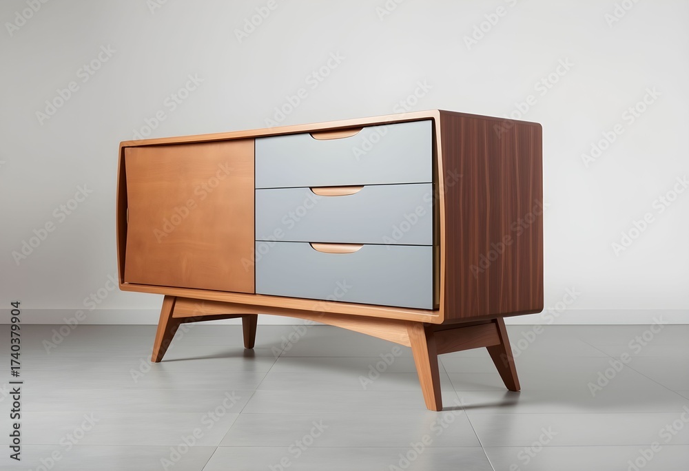 Fototapeta premium A stylish wooden sideboard with grey drawers stands in a modern room.