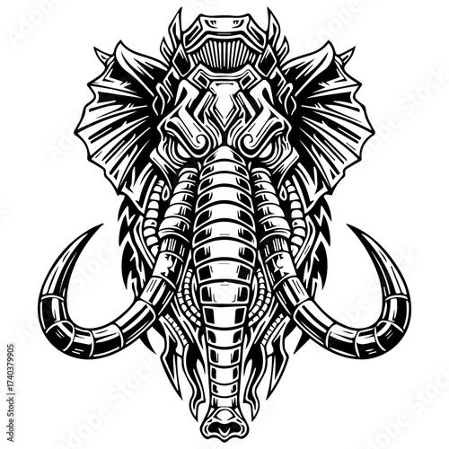 Mechanical Tribal Mammoth Head – Black and White Symmetrical Tattoo Design
