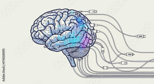 Illustration of a human brain connected to multiple cables, suggesting technology and intelligence.