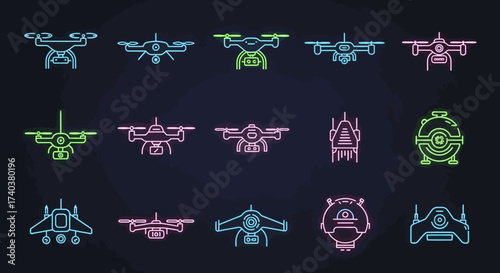 Collection of fifteen neon line art drone icons in various styles, arranged on a dark background.