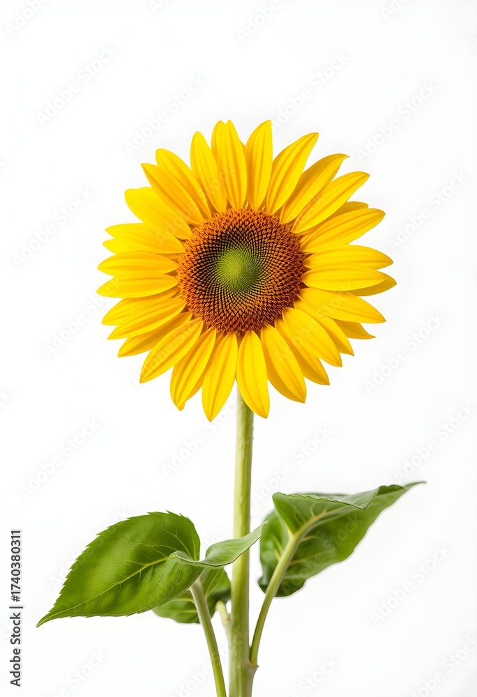 Fototapeta premium A bright sunflower stands tall with green leaves against a white background