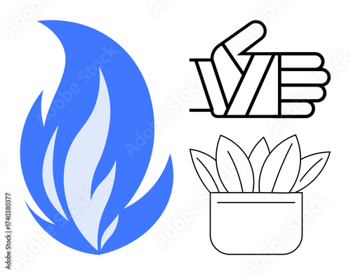Blue flame represents energy, hand wrapped in bandage indicates care, potted plant symbolizes growth. Ideal for healthcare, energy, safety, sustainability, environment healing protection. Simple