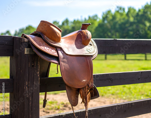 Leather horse saddle resting on a wooden fence outdoors