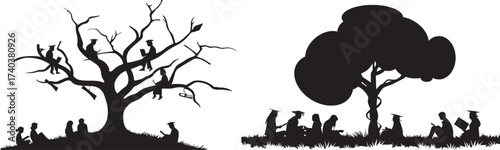 Silhouette trees with people reading books nature outdoors park black and white