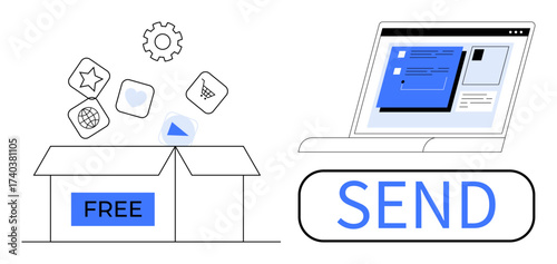 Open box labeled free with digital icons thumbs up heart, globe, and cart, paired with a laptop screen featuring files and a prominent send button. Ideal for tech, sharing, e-commerce, communication