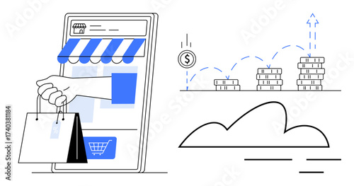 Mobile e-commerce app with storefront, a hand holding shopping bags, coins stacking upward. Ideal for online retail, digital shopping, e-commerce, mobile transactions, fintech, financial growth