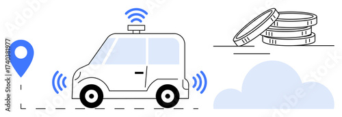 Self-driving car with GPS marker, wireless connection signals, coin stacks, and cloud element. Ideal for technology, innovation, transportation, automation fintech GPS and connectivity. Simple