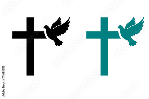 Black Vector Silhouette: Cross with Dove in Flight	