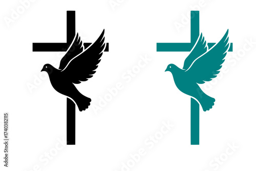 Black Vector Silhouette: Cross with Dove in Flight	