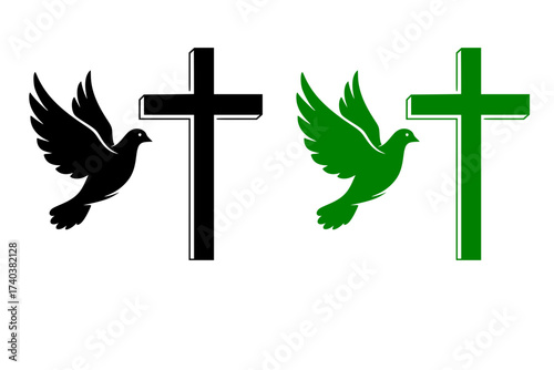 Black Vector Silhouette: Cross with Dove in Flight	