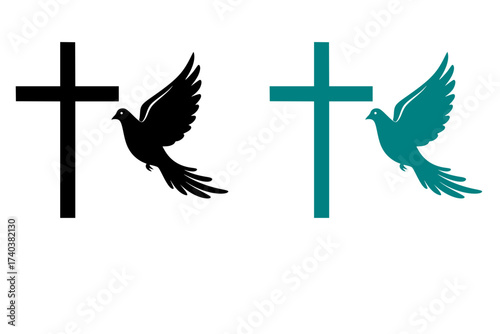 Black Vector Silhouette: Cross with Dove in Flight	