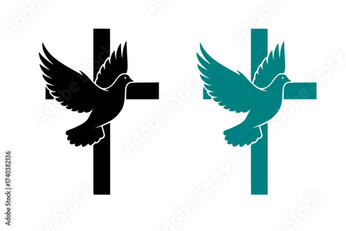 Black Vector Silhouette: Cross with Dove in Flight	