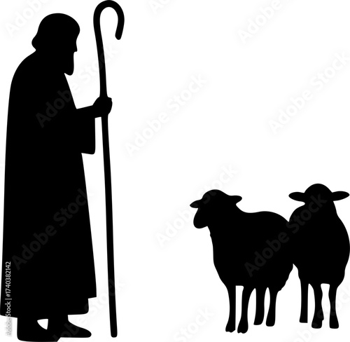Black Vector Silhouette: Shepherd with Staff and Sheep	
