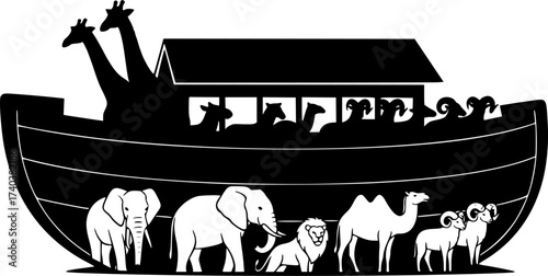 Black Vector Silhouette: Noah's Ark with Animals (Side View)	