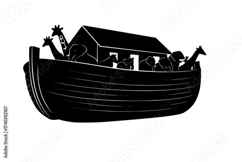 Black Vector Silhouette: Noah's Ark with Animals (Side View)	
