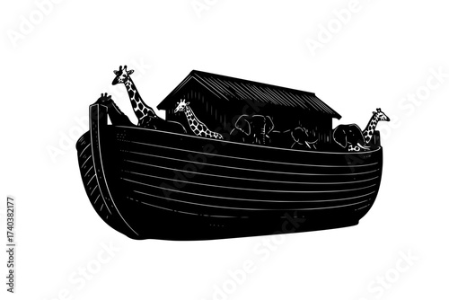 Black Vector Silhouette: Noah's Ark with Animals (Side View)	