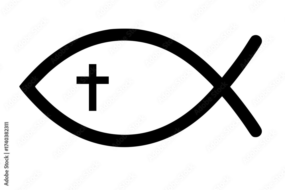 Fototapeta premium Black Vector Silhouette: Fish Symbol (Ichthys) with Simple Cross 