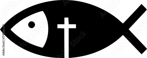 Black Vector Silhouette: Fish Symbol (Ichthys) with Simple Cross	