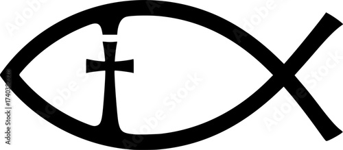 Black Vector Silhouette: Fish Symbol (Ichthys) with Simple Cross	