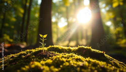 A small plant growing amidst moss and leaves, sunlight streaming through the trees in a lush, verdant forest, depth of field, 8k, highly detailed, cinematic lighting, vibrant colors, macro photography
