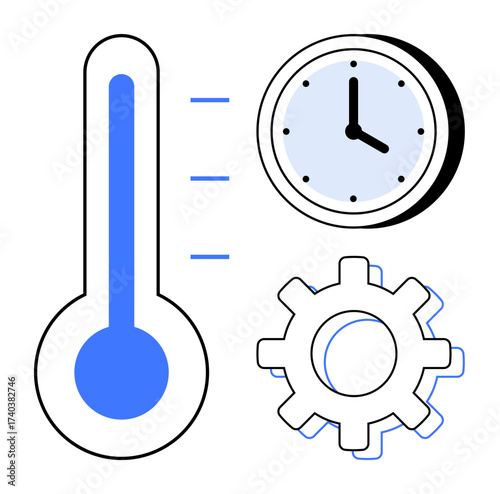 Thermometer, clock, and gear symbolizing time, temperature, and productivity. Ideal for workflow planning, energy optimization, process efficiency, time tracking system management