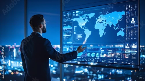 Businessman Interacting with Digital Data on a Large Screen in a Modern Office Setting at Night