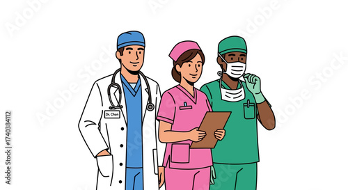 Hospital team. Medical employees in uniform, healthcare workers administrator doctor nurse. Pharmacist clinic staff swanky vector characters