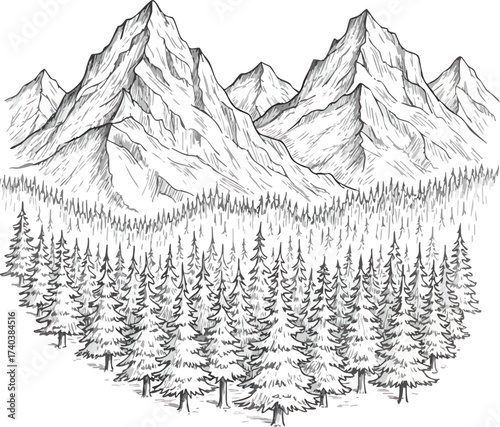Majestic Mountain Range and Dense Forest Landscape Illustration.