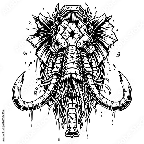 Dripping Mechanical Tribal Mammoth Head – Black and White Symmetrical Design