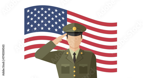 Veterans Day 11 november flat design (soldier salute, US flag)