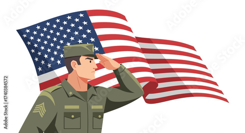 Veterans Day 11 november flat design (soldier salute, US flag)