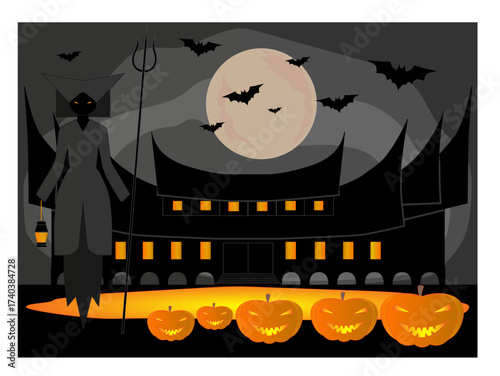 The female devil and her house are decorated with pumpkins and bats and the pit of hell.