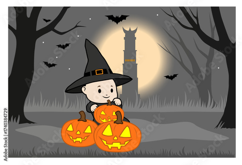 Witch boy characters and Halloween pumpkins against the backdrop of the devil's tower in the haunted forest