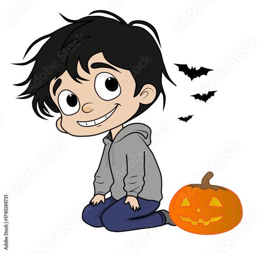 Little boy characters, bats and Halloween pumpkins