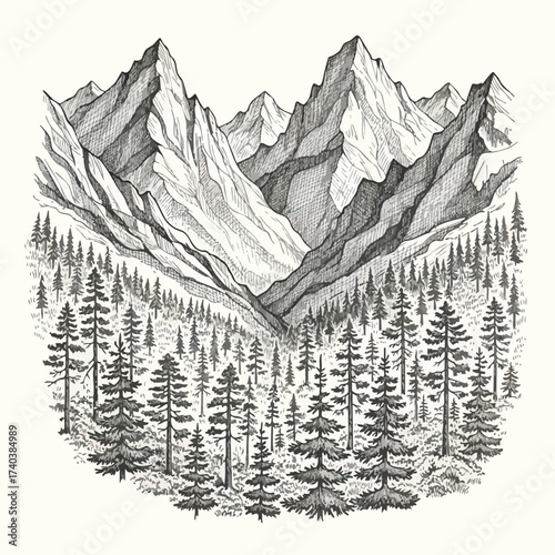 Majestic Mountain Range and Forest Illustration.